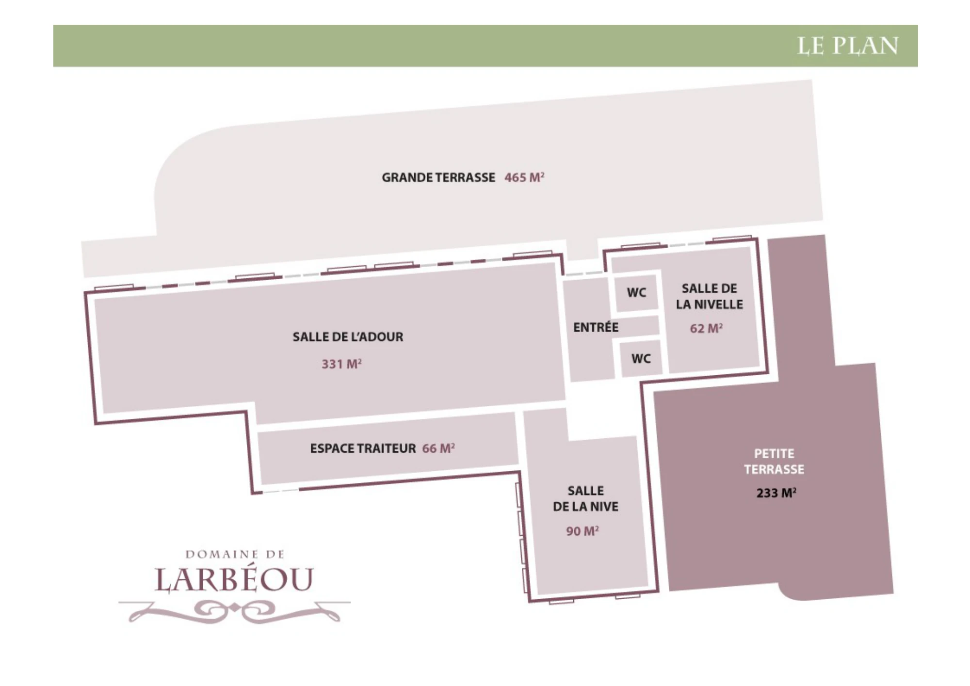 Plan de la Grande Salle du Domaine de Larbéou : Salle de l'Adour 331 m², Salle de la Nivelle 62 m², Salle de la Nive 90 m², espace traiteur, grande terrasse 465 m² et petite terrasse 233 m².
